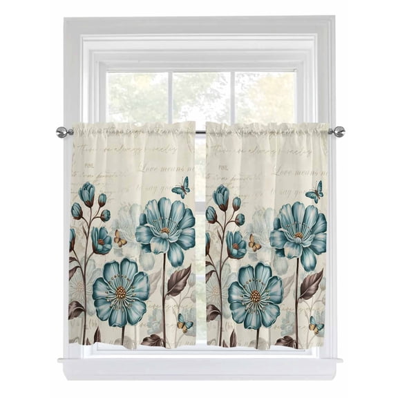 Tier Curtains 45 Inches Long, Blue Tulip Window Treatment Curtain Drapes, Vintage Flowers Butterfly Plants Beige Rustic Window Half Privacy Curtains for Bedroom Bathroom, 42"x45", 2 Panels