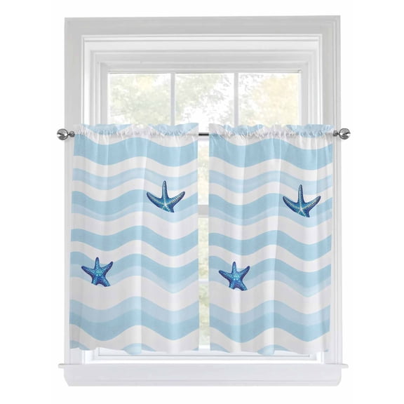 Tier Curtains 45 Inches Long, Blue White Striped Window Treatment Curtain Drapes, Starfish Coastal Waves Small Curtain Drapes for Bathroom Laundry Room, 27.5"x45", 2 Panels