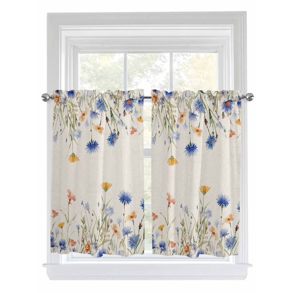 Tier Curtains 45 Inches Long, Blue Yellow Pink Spring Floral Window Treatment Curtain Drapes, Watercolor Summer Botanical Rustic Window Half Privacy Curtains for Bedroom Bathroom, 42"x45", 2 Panels