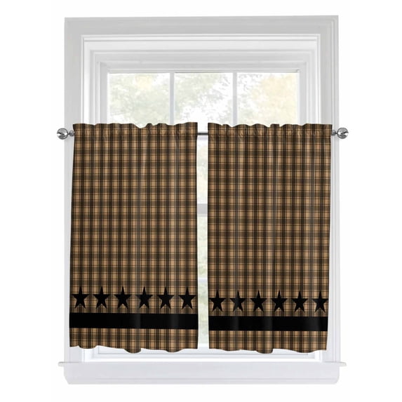 Tier Curtains 45 Inches Long, Brown Black Plaid Window Treatment Curtain Drapes, Vintage Rustic Star Buffalo Check Small Curtain Drapes for Bathroom Laundry Room, 27.5"x45", 2 Panels