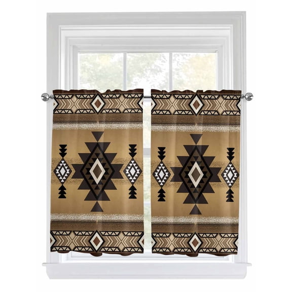 Tier Curtains 45 Inches Long, Brown Southwest Window Treatment Curtain Drapes, Boho Aztec Ethnic Abstract Geometric Window Half Privacy Curtains for Bedroom Bathroom, 42"x45", 2 Panels