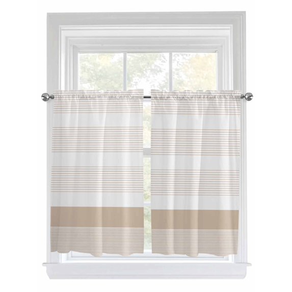 Tier Curtains 45 Inches Long, Brown Stripe Window Treatment Curtain Drapes, Modern Rustic Horizontal Brown Striped Window Half Privacy Curtains for Bedroom Bathroom, 42"x45", 2 Panels