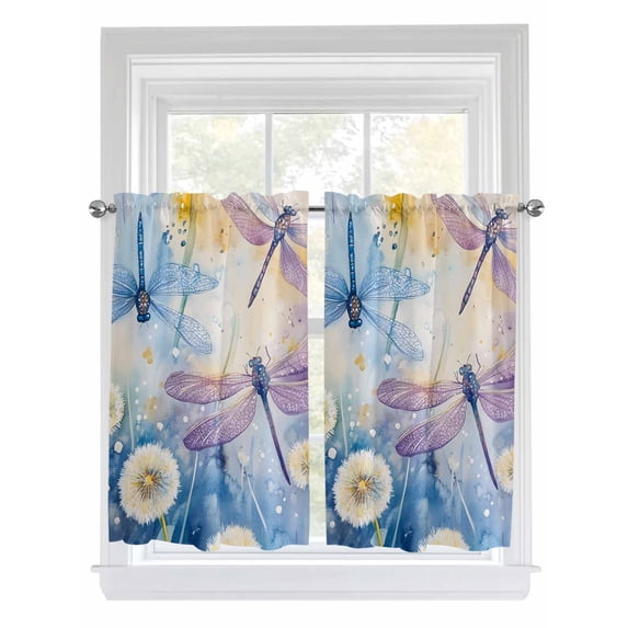 Tier Curtains 45 Inches Long, Dragonfly Flowers Window Treatment Curtain Drapes, Blue Purple Watercolor Spring Plant Small Curtain Drapes for Bathroom Laundry Room, 27.5"x45", 2 Panels