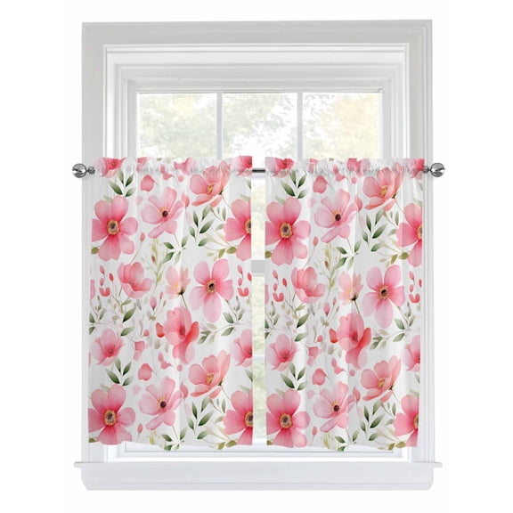 Tier Curtains 45 Inches Long, Elegant Spring Floral Window Treatment Curtain Drapes, Pink Flower Summer Botanical Small Curtain Drapes for Bathroom Laundry Room, 27.5"x45", 2 Panels