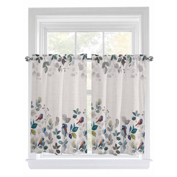 Tier Curtains 45 Inches Long, Eucalyptus Leaves Window Treatment Curtain Drapes, Retro Farmhouse Botanical Floral Birds Small Curtain Drapes for Bathroom Laundry Room, 27.5"x45", 2 Panels