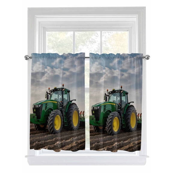 Tier Curtains 45 Inches Long, Farm Tractor Window Treatment Curtain Drapes, Green Truck Country Rustic Field Harvester Small Curtain Drapes for Bathroom Laundry Room, 27.5"x45", 2 Panels