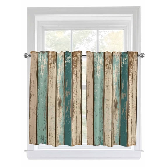 Tier Curtains 45 Inches Long, Farmhouse Teal Brown Window Treatment Curtain Drapes, Vintage Retro Ombre Wooden Small Curtain Drapes for Bathroom Laundry Room, 27.5"x45", 2 Panels