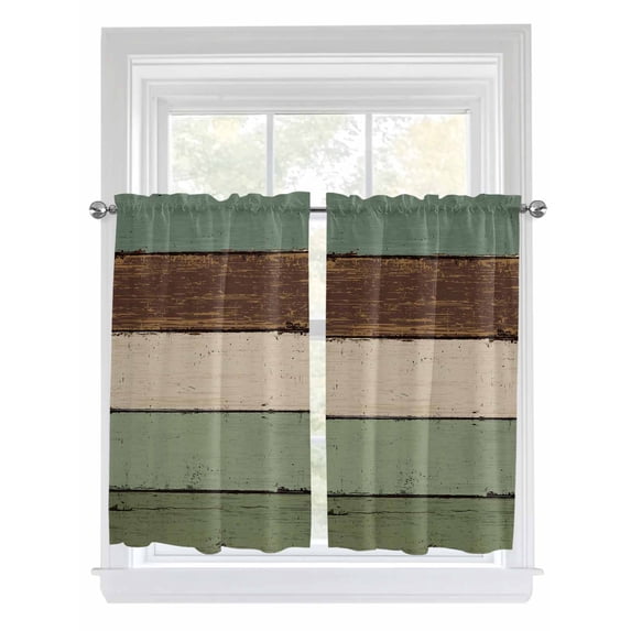 Tier Curtains 45 Inches Long, Green Brown Window Treatment Curtain Drapes, Country Wood Grain Abstract Stripe Window Half Privacy Curtains for Bedroom Bathroom, 42"x45", 2 Panels