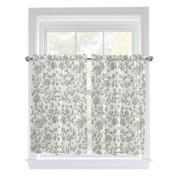 Tier Curtains 45 Inches Long, Green Leaf Flower Window Treatment Curtain Drapes, Vintage Farmhouse Bohemian Spring Window Half Privacy Curtains for Bedroom Bathroom, 42"x45", 2 Panels
