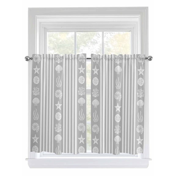 Tier Curtains 45 Inches Long, Grey Striped Coastal Window Treatment Curtain Drapes, Nautical Beach Starfish Shell Small Curtain Drapes for Bathroom Laundry Room, 27.5"x45", 2 Panels