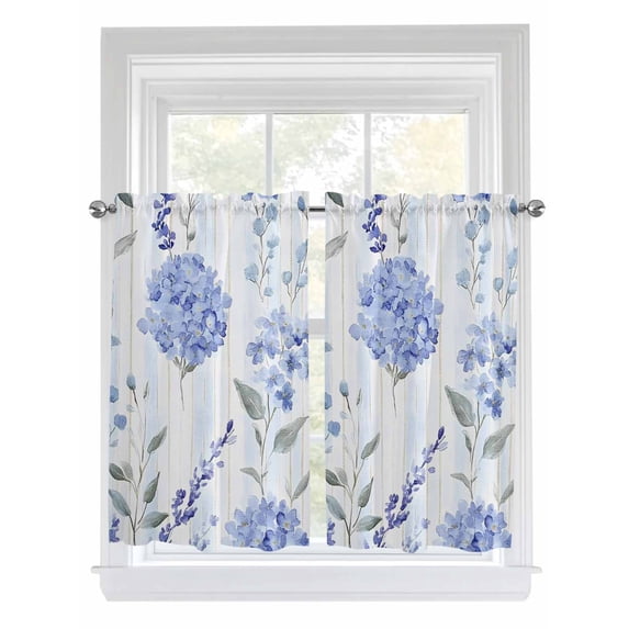 Tier Curtains 45 Inches Long, Hydrangea Leaves Window Treatment Curtain Drapes, Blue Striped Botanical Floral Small Curtain Drapes for Bathroom Laundry Room, 27.5"x45", 2 Panels