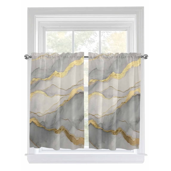 Tier Curtains 45 Inches Long, Marble Grey Window Treatment Curtain Drapes, Modern Gold Luxury Neutral Texture Small Curtain Drapes for Bathroom Laundry Room, 27.5"x45", 2 Panels