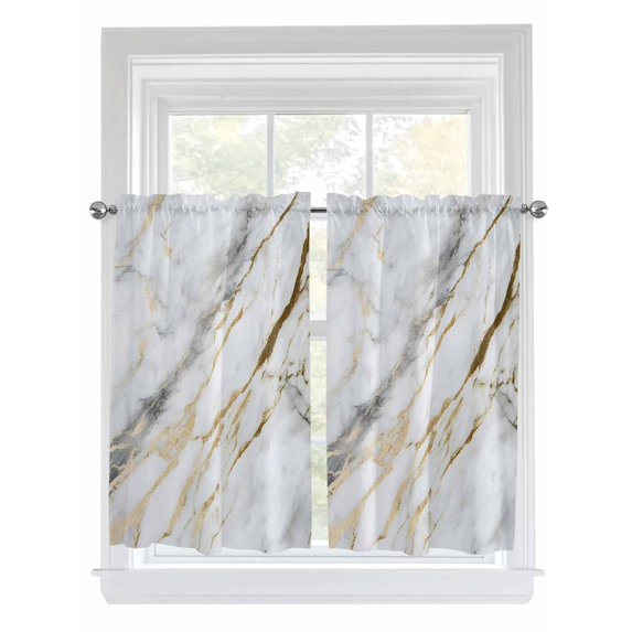 Tier Curtains 45 Inches Long, Marble White Gold Window Treatment Curtain Drapes, Modern Abstract Geometric Window Half Privacy Curtains for Bedroom Bathroom, 42"x45", 2 Panels