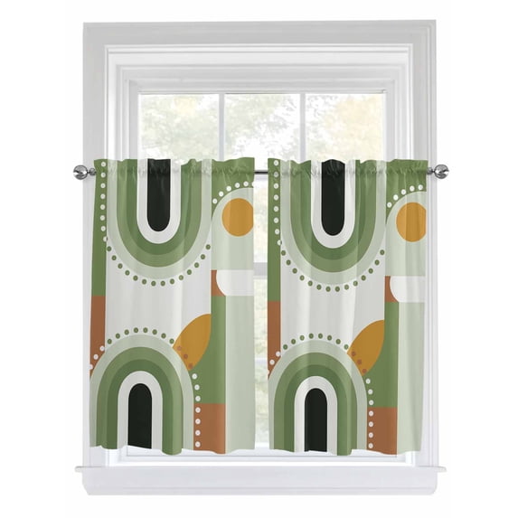 Tier Curtains 45 Inches Long, Modern, Window Treatment Curtain Drapes, Middle Century Abstract Geometric Olive Green Window Half Privacy Curtains for Bedroom Bathroom, 42"x45", 2 Panels