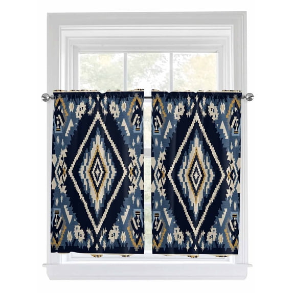 Tier Curtains 45 Inches Long, Navy Blue Brown Boho Window Treatment Curtain Drapes, Vintage Geometric Southwestern Small Curtain Drapes for Bathroom Laundry Room, 27.5"x45", 2 Panels