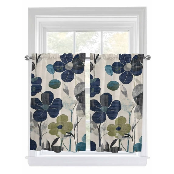 Tier Curtains 45 Inches Long, Navy Blue Green Floral Window Treatment Curtain Drapes, Vintage Botanical Leaves Small Curtain Drapes for Bathroom Laundry Room, 27.5"x45", 2 Panels