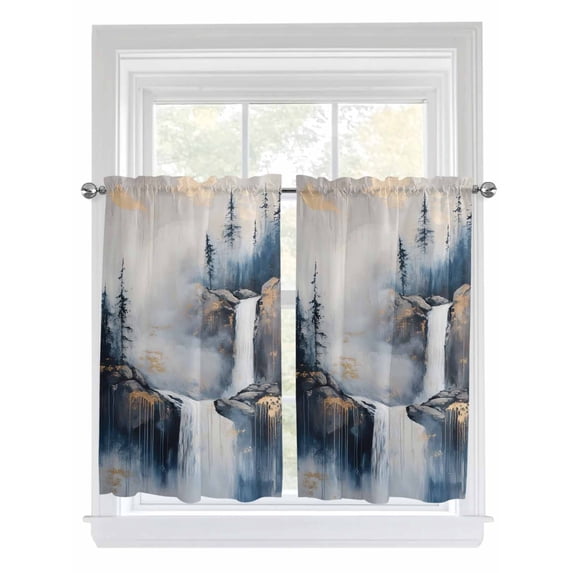 Tier Curtains 45 Inches Long, Navy Blue Mountain Window Treatment Curtain Drapes, Vintage Abstract Art Window Half Privacy Curtains for Bedroom Bathroom, 42"x45", 2 Panels