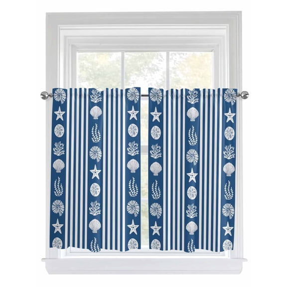 Tier Curtains 45 Inches Long, Navy Blue Striped Coastal Window Treatment Curtain Drapes, Nautical Beach Starfish Shell Small Curtain Drapes for Bathroom Laundry Room, 27.5"x45", 2 Panels