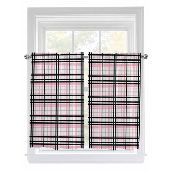 Tier Curtains 45 Inches Long, Pink Black Plaid Window Treatment Curtain Drapes, Farmhouse Pink Black Checkered Small Curtain Drapes for Bathroom Laundry Room, 27.5"x45", 2 Panels