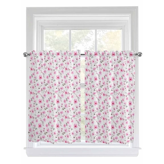 Tier Curtains 45 Inches Long, Pink Spring Floral Window Treatment Curtain Drapes, Summer Botanical Elegant Small Curtain Drapes for Bathroom Laundry Room, 27.5"x45", 2 Panels