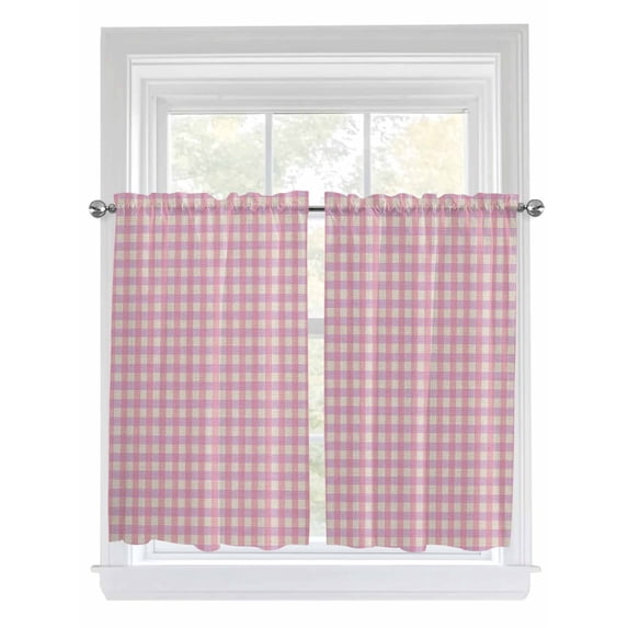 Tier Curtains 45 Inches Long, Pink Window Treatment Curtain Drapes, Grid Checkered Plaid Gingham Lattice Trellis Small Curtain Drapes for Bathroom Laundry Room, 27.5"x45", 2 Panels