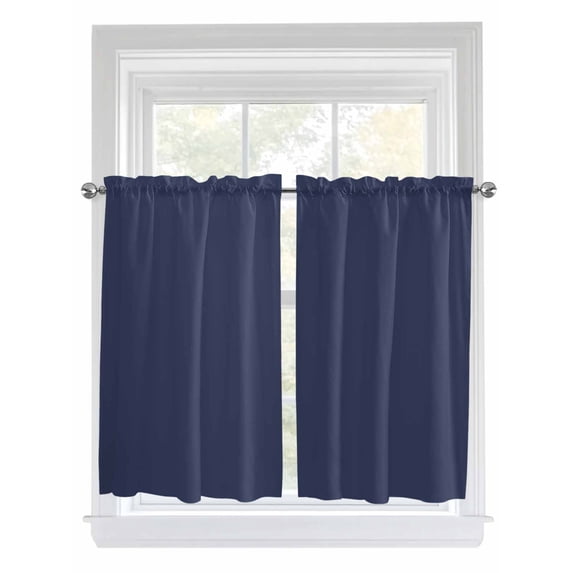 Tier Curtains 45 Inches Long, Pure Dark Blue Window Treatment Curtain Drapes, Simple Solid Color Window Half Privacy Curtains for Bedroom Bathroom, 42"x45", 2 Panels