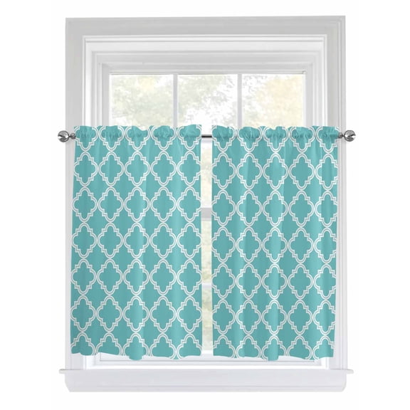 Tier Curtains 45 Inches Long, Quatrefoil Moroccan Pattern Window Treatment Curtain Drapes, Geometric Aqua Morocco Window Half Privacy Curtains for Bedroom Bathroom, 42"x45", 2 Panels