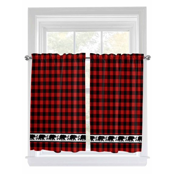 Tier Curtains 45 Inches Long, Red Black Plaid Window Treatment Curtain Drapes, Country Vintage Bear Buffalo Gingham Window Half Privacy Curtains for Bedroom Bathroom, 42"x45", 2 Panels