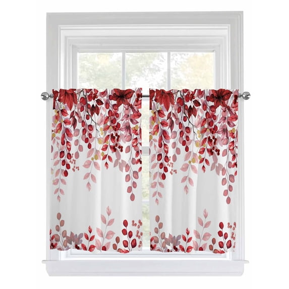 Tier Curtains 45 Inches Long, Red Eucalyptus Leaves Window Treatment Curtain Drapes, Summer Botanical Weeping Small Curtain Drapes for Bathroom Laundry Room, 27.5"x45", 2 Panels