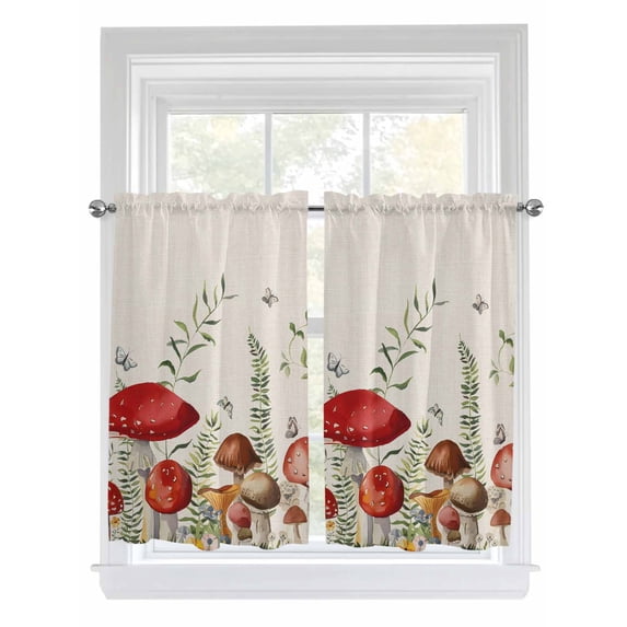 Tier Curtains 45 Inches Long, Red Mushrooms Window Treatment Curtain Drapes, Sage Green Eucalyptus Butterflies Plants Small Curtain Drapes for Bathroom Laundry Room, 27.5"x45", 2 Panels