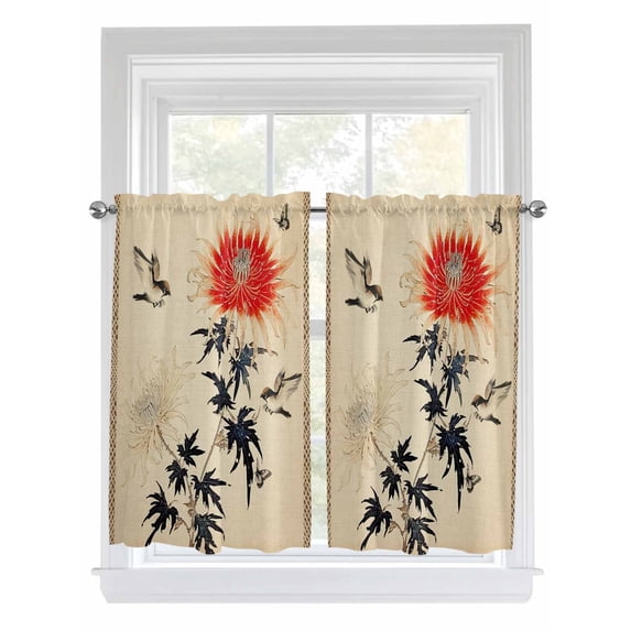 Tier Curtains 45 Inches Long, Retro Flower Bird, Window Treatment Curtain Drapes, Classical Spring Summer Plant Small Curtain Drapes for Bathroom Laundry Room, 27.5"x45", 2 Panels