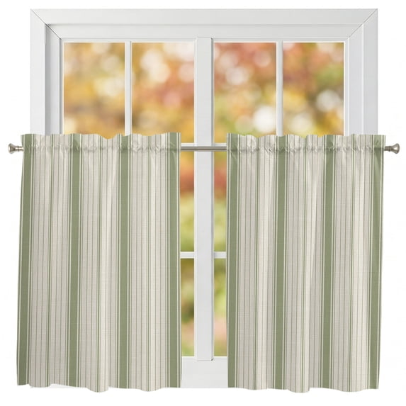 Tier Curtains 45 Inches Long, Sage Green Striped Window Treatment Curtain Drapes, Modern Minimalist Stripes Farmhouse Window Half Privacy Curtains for Bedroom Bathroom, 42"x45", 2 Panels