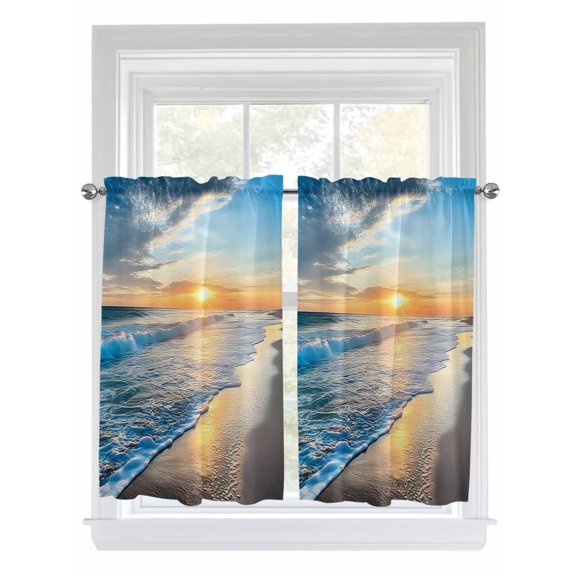 Tier Curtains 45 Inches Long, Sunset Beach Window Treatment Curtain Drapes, Spray Ocean Waves Sky Nature Scenery Window Half Privacy Curtains for Bedroom Bathroom, 42"x45", 2 Panels