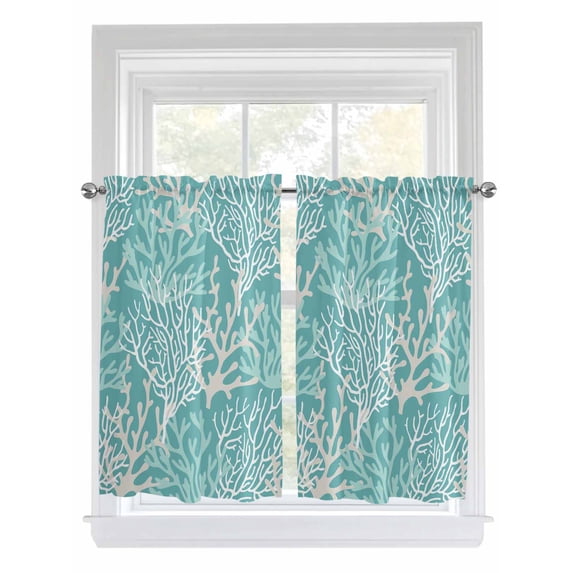Tier Curtains 45 Inches Long, Teal Coral Coastal Window Treatment Curtain Drapes, Ocean Nautical Seaside Beach Window Half Privacy Curtains for Bedroom Bathroom, 42"x45", 2 Panels