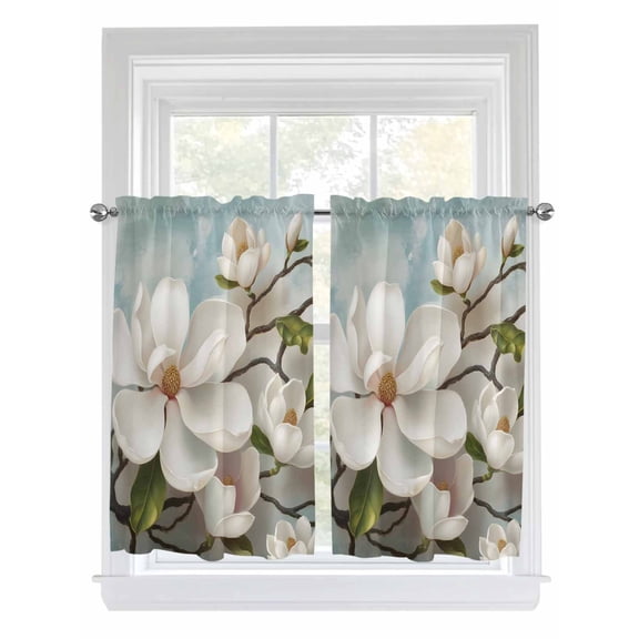 Tier Curtains 45 Inches Long, Vintage Flowers Window Treatment Curtain Drapes, White Country Lily Floral Plant Branch Window Half Privacy Curtains for Bedroom Bathroom, 42"x45", 2 Panels