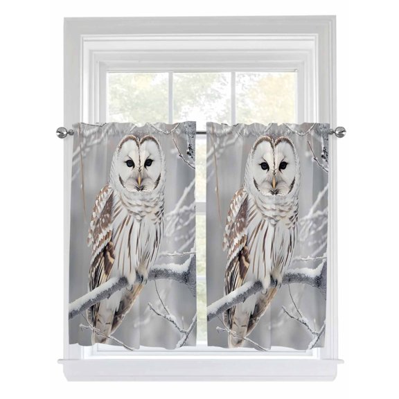 Tier Curtains 45 Inches Long, Winter Owl Window Treatment Curtain Drapes, Country Birds Animal Tree Branches Snow Small Curtain Drapes for Bathroom Laundry Room, 27.5"x45", 2 Panels