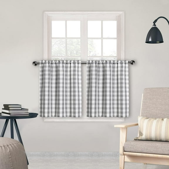 Tier Curtains for Kitchen Windows, Buffalo Plaid Gingham Pattern Linen Fabric Rod Pocket Short Window Panels for Kitchen Cafe Bathroom Window Curtains, 28" W x 24" L, Sliver/Gray, Set of 2