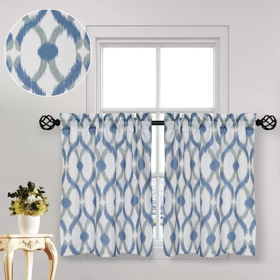 Tier Curtains for Kitchen Windows Geometric Cafe Curtains, 27" x 36" Multi-Color Geometric Printed Half Window Curtain Set for Bathroom Rod Pocket, 1 Pair, Navy/Gray