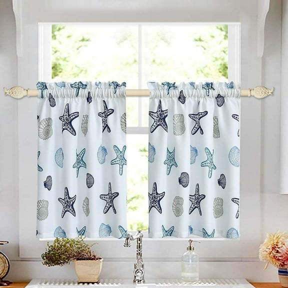 Tier Curtains for Kitchen Windows Starfish café Curtains, 1 Pair 27" x 24" Multi-Color Seashell Conch Printed Half Window Curtain Set for Bathroom Rod Pocket, Blue