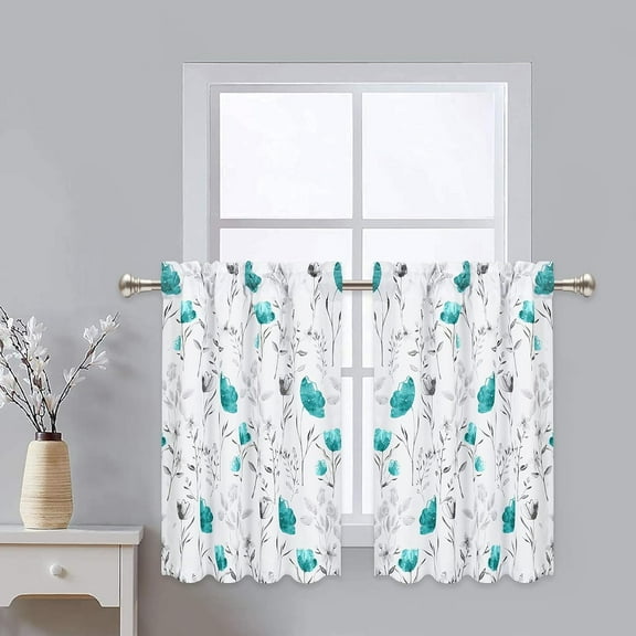 Tier Curtains, Teal Flower Watercolor Kitchen Curtains, Teal Gray Floral Rod Pocket Window Treatment Tier Pair for Kitchen Bathroom RV Basement Laundry, Set 2, 26''''X24''''