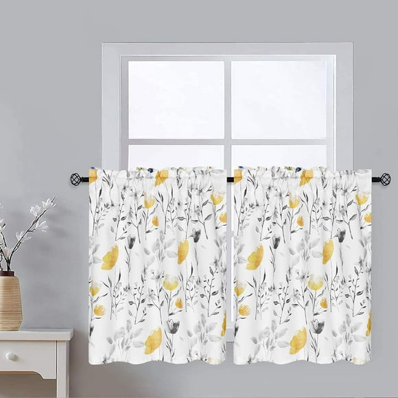 Tier Curtains, Yellow Flower Watercolor Kitchen Curtains, Yellow Gray Floral Rod Pocket Window Treatment Tier Pair for Kitchen Bathroom RV Basement Laundry, Set 2, 26 Inch Wide 24 Inch Long