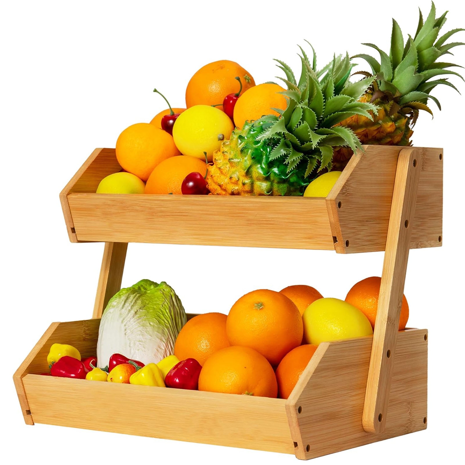Kisportee 2 Tier Bamboo Fruit Basket for Kitchen Counter, Large Wooden Fruit Stand Storage Vegetables Baskets Stand, Organizer for countertop, Fruit Holder Snack Organizer