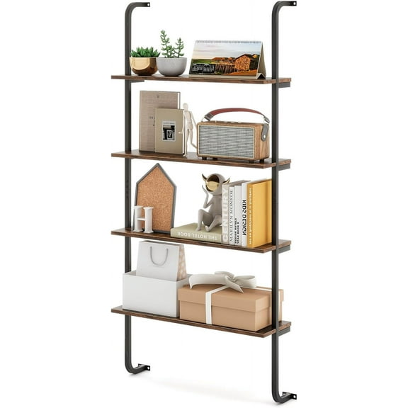 Tier Industrial Bookshelf, 4, Wall Mounted Pipe Shelving Unit, Floating Shelves With Metal Frame, Hanging Wall Display Shelf, Wood Ladder Bookshelf For Living Room, Kitchen, Rustic Brown