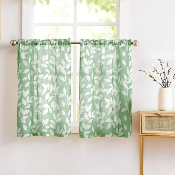 Tier Kitchen Curtains for Bathroom 24" Green and White Leaves Print Tiers for Laundry Room Basement 2 Panels