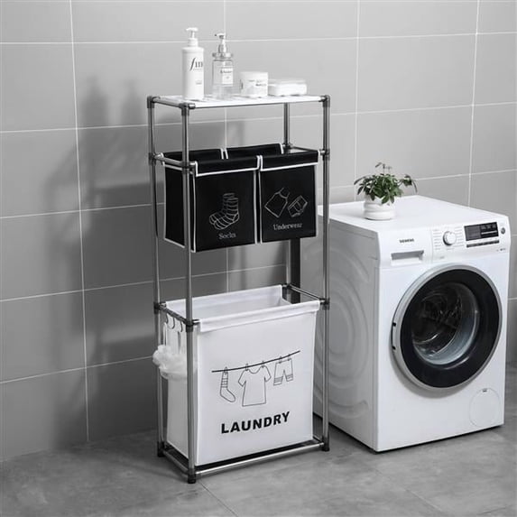 -Tier Laundry Hamper Organizer with 4 Removable Bags & Side Hooks, Clothes Sorter for Lights, Darks, Socks, and Underwear