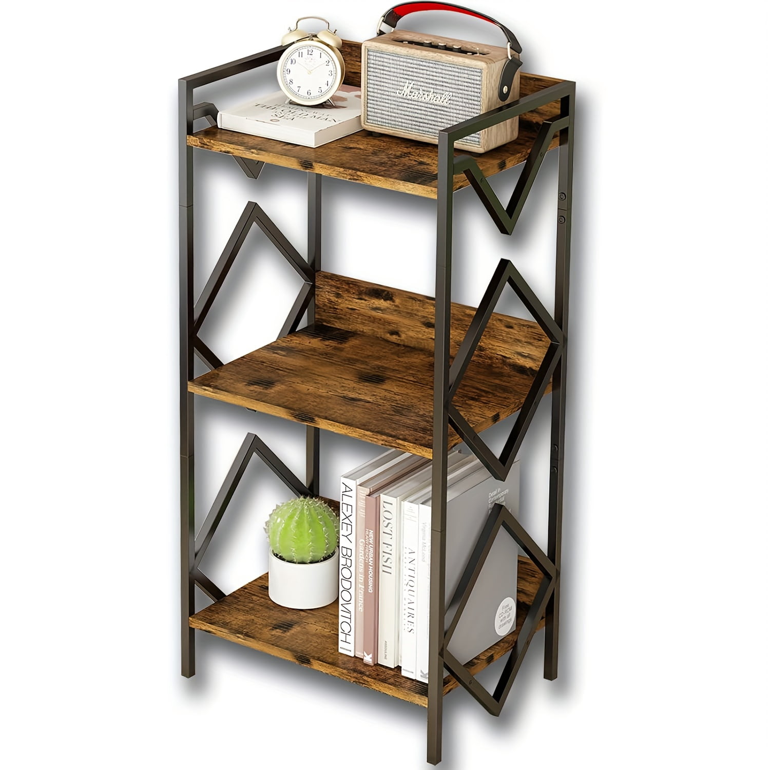 Picture of -Tier Minimalist Bookshelf - Black Metal Frame with Wooden Shelves ...