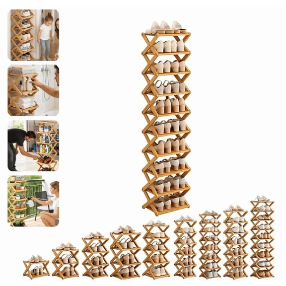JEBTBFZE Tiered No-Assembly Bamboo Shoe Rack, 2-10 Tier Foldable Vertical Slim Organizer for Entryway, Closet, Home (10 Tier