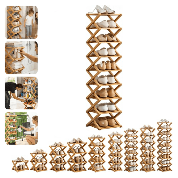 Tier No-Assembly Bamboo Rack ,2/3/4/5/6/7/8/9/10 Tier Bamboo Shoe Rack, No-Assembly Vertical Slim Shoe Storage, Collapsible Foldable Organizer for Tall Narrow Shoe Rack for Entryway & Closet (9 Tier)