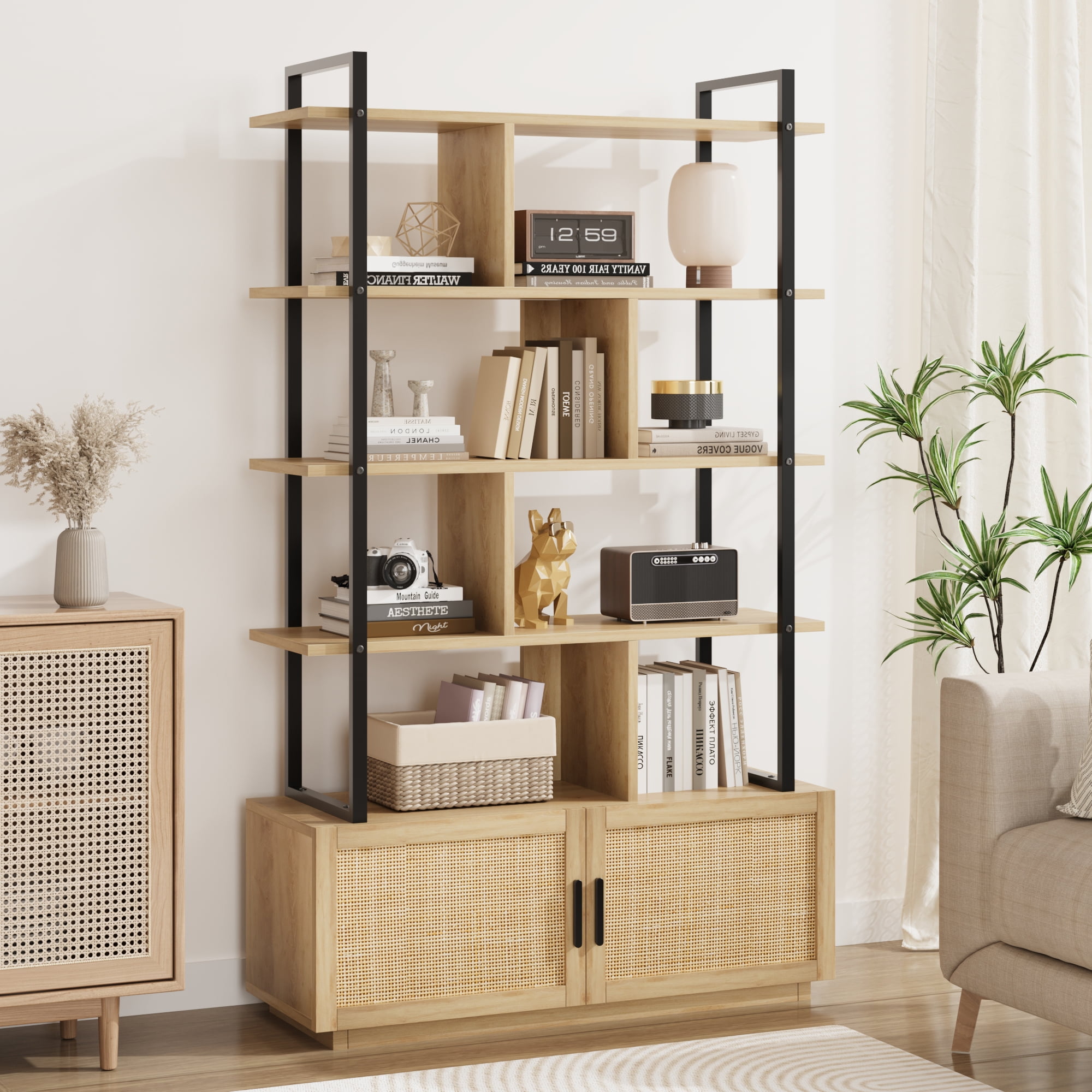 Tier Rattan Bookshelf with Storage Cabinet & Door, 71.1 Inch Tall ...