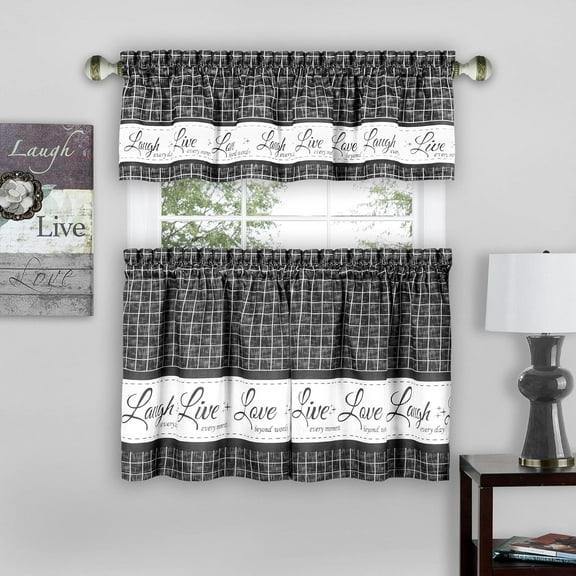 Tier and Valance Window Curtain Set - 52 Inch Width, 24 Inch Length - Live, Love, Laugh (Charcoal) - Light Filtering Drapes for Kitchen, Bedroom, Living & Dining Room by Achim Home Decor